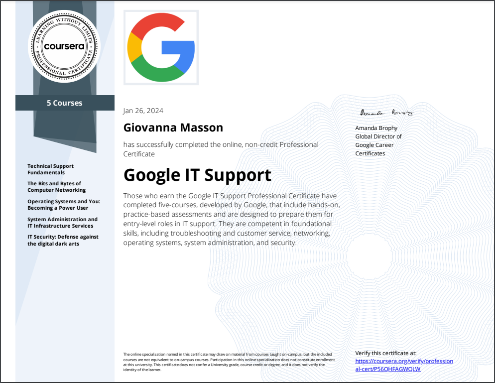 Google IT Support Specialization Certification