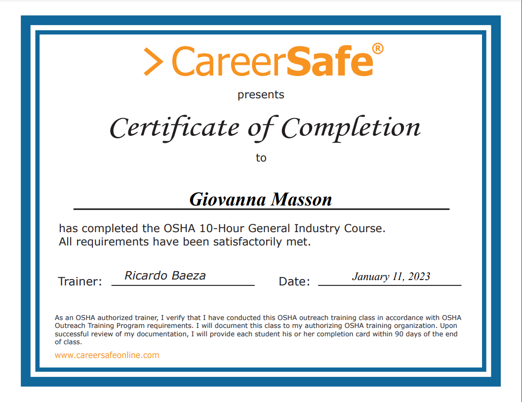 OSHA 10 Hour General Industry Certification